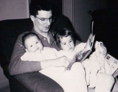 Annette Nellen (left), age 6 months, her father, Fred Bomyea, and her older sister Annette Nellen (left), age 6 months, her father, Fred Bomyea, and her older sister, Karen