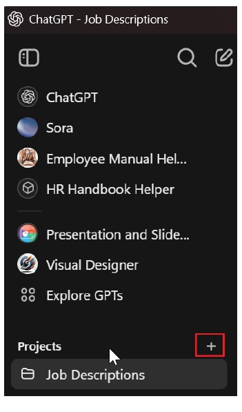 ChatGPT interface showing how to create a new Project.