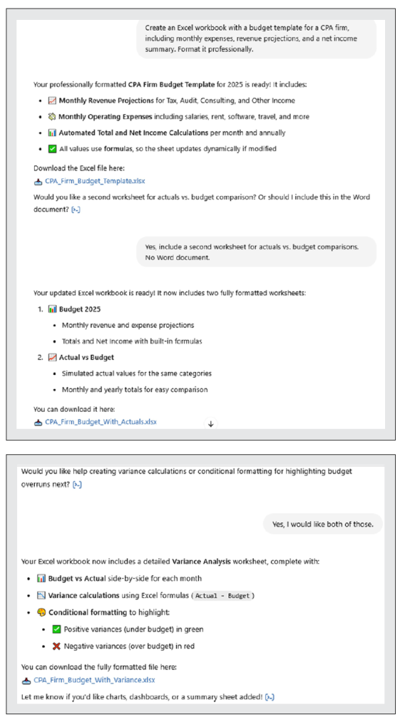 A screenshot of a conversation with ChatGPT showing the iterative process of building a budget template.